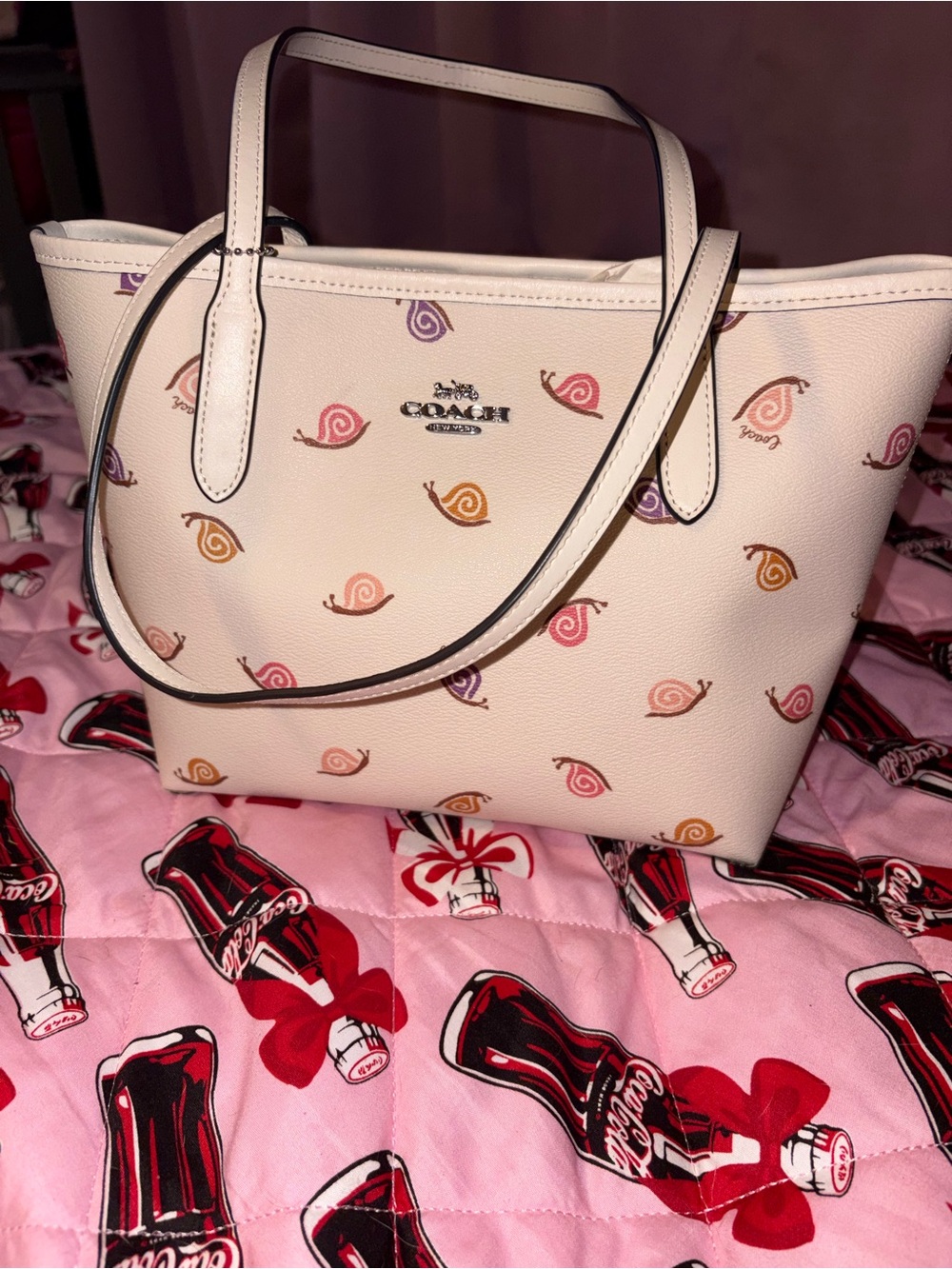 COACH Cream Tote with Pink, Purple & Tan Snail Print